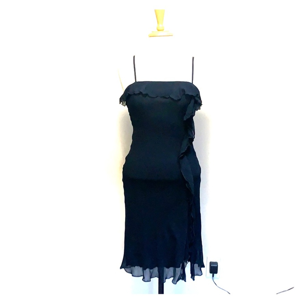 Black silk chiffon ruffle bodycon cocktail dress
